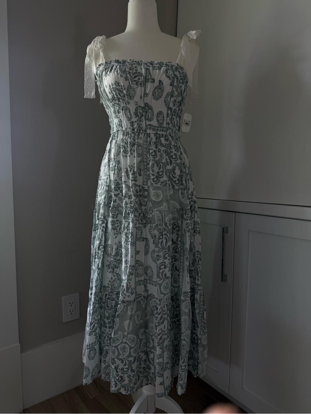 Altar'd State Sage and White Paisley Tie-Shoulder Maxi Dress